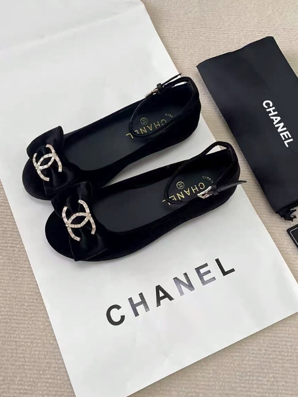 CHANEL Black Velvet Mary Jane Flats - Picture 2 of 7